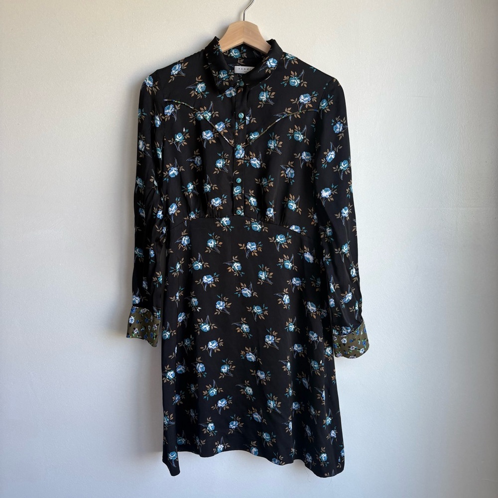 Sandro Paris Black Floral Button-Front Satin Dress- Size 38 (US 6) 100% Viscose - Picture 4 of 14